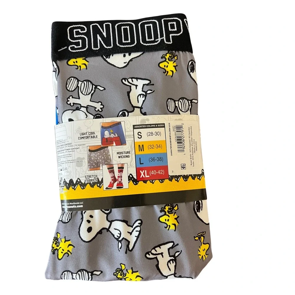 Peanuts Snoopy Mens‎ 3pc Set 2 Pair Boxer Briefs 1 Pair Athletic Crew Socks Sz M